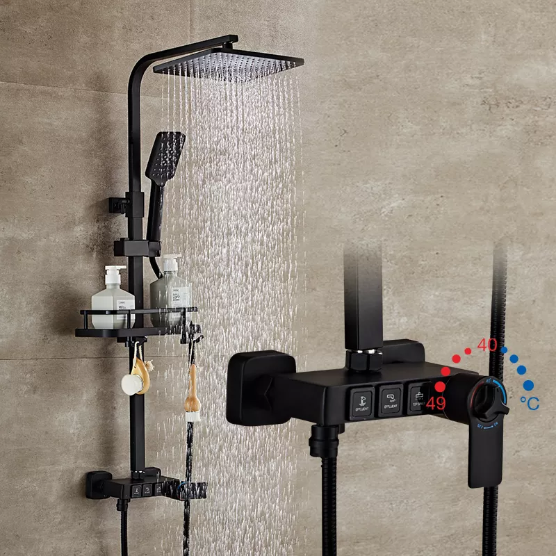 Thermostatic shower set wall-mounted black square button shower set round handle