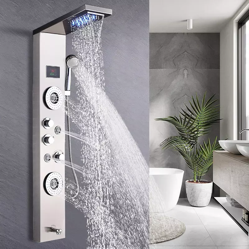 Bathroom Shower Panel Wall Mounted Black Shower Head Tower Massage Jets