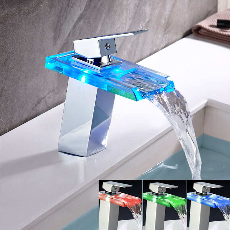 LED Waterfall Bathroom Faucet with Brass Body and Chrome Finish