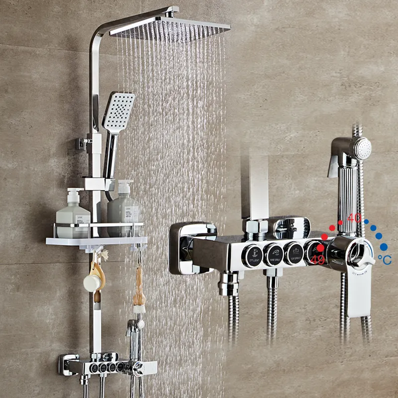 Thermostatic Shower Kit Wall-Mounted Round Shower Valve Round Shower Handle with Spray Gun