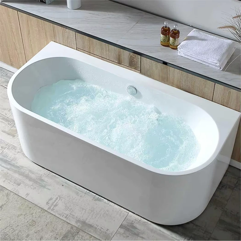 China Loong 1500/1700mm Freestanding Bathtub Acrylic Soaking with Chrome Drain Pipe Back to Wall Corner CUPC Certified