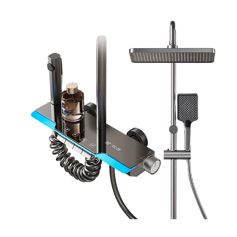 China Loong Adjustable Square Thermostatic Bathroom Light Faucet Dual Handle Pressurized Jet Shower Set Digital Display Thermostatic Shower
