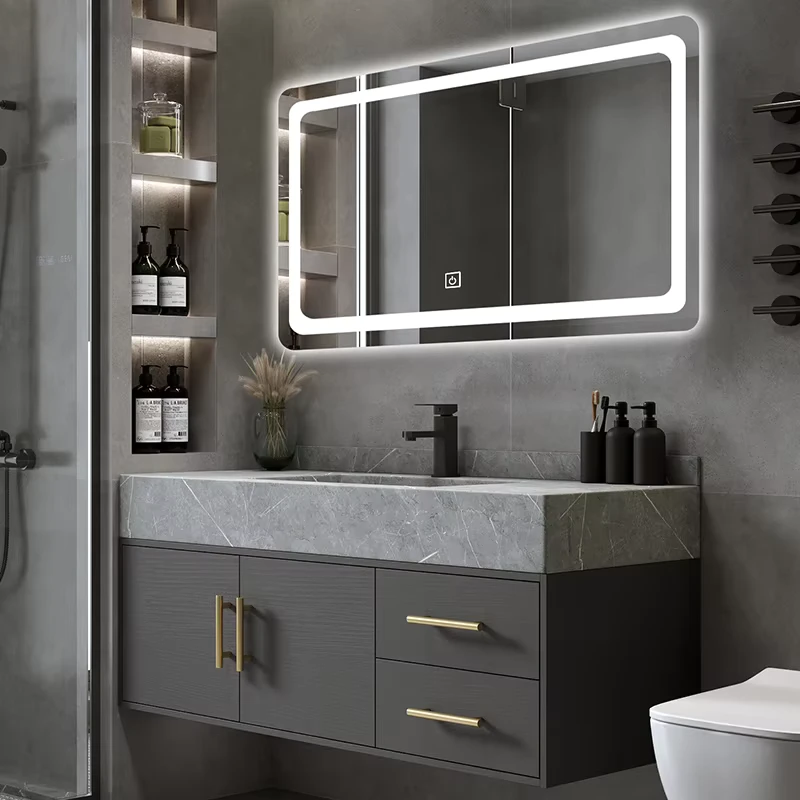 China Loong Bathroom Cabinet with LED Mirror Cabinet Marble Sinks Plywood Bathroom Vanities