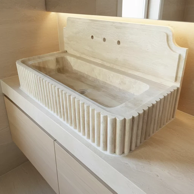 China Loong Bathroom Vanity Floating Natural Beige Travertine Farmhouse Sink
