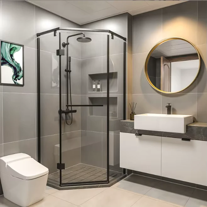 China Loong Bevel Edge Glass Corner Shelf Shower Room Door Tempered Glass Partition for Bathroom Shower Enclosure Room Pull Handle
