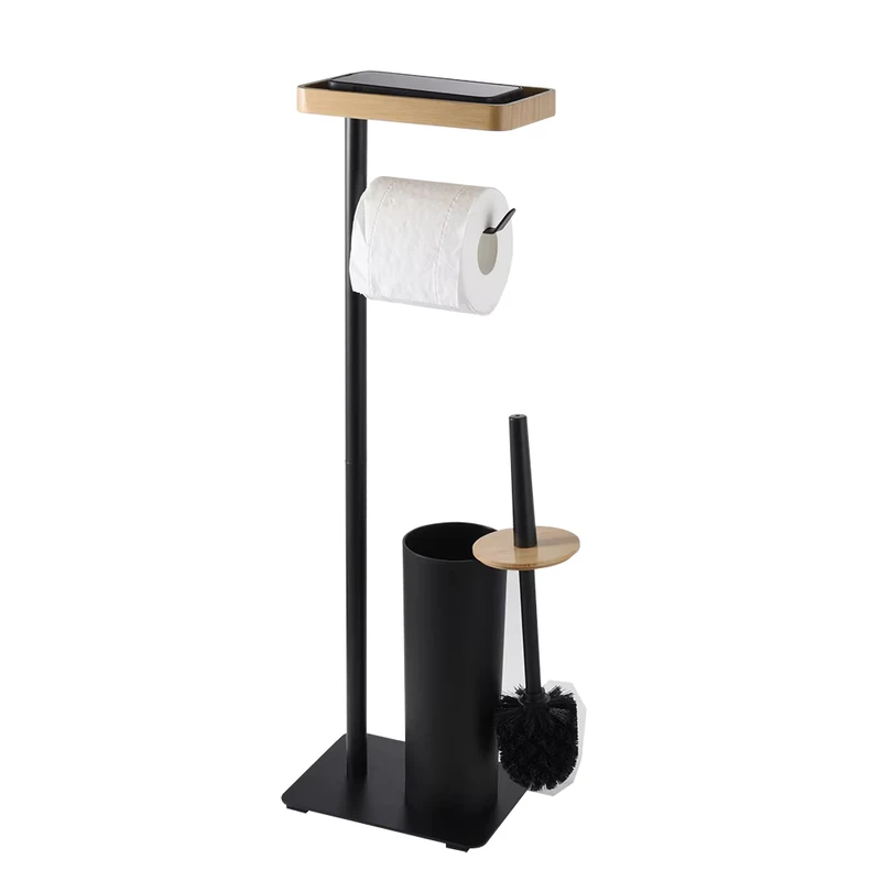China Loong Black Bathroom Toilet Roll Tissue Brush Stand Holder With Top Shelf Box