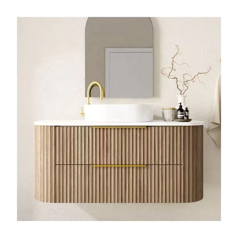 China Loong Custom High quality Simple European style Fluted Curved Luxury Wooden Floating Bathroom Vanity with Sink and Mirror