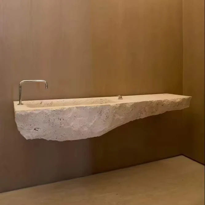 China Loong Custom Modern Travertine Long Narrow Hand Wash Basin Vessel Sink Wall Mounted Floating Polished for Hotel Bathroom Vanity