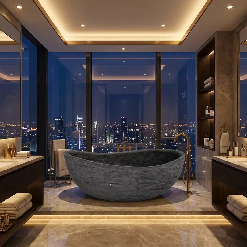 China Loong Custom Natural Dark Grey Marble Freestanding Soaking Bathtubs Drainer Oval Shape 500-700L Capacity for Bathroom Use