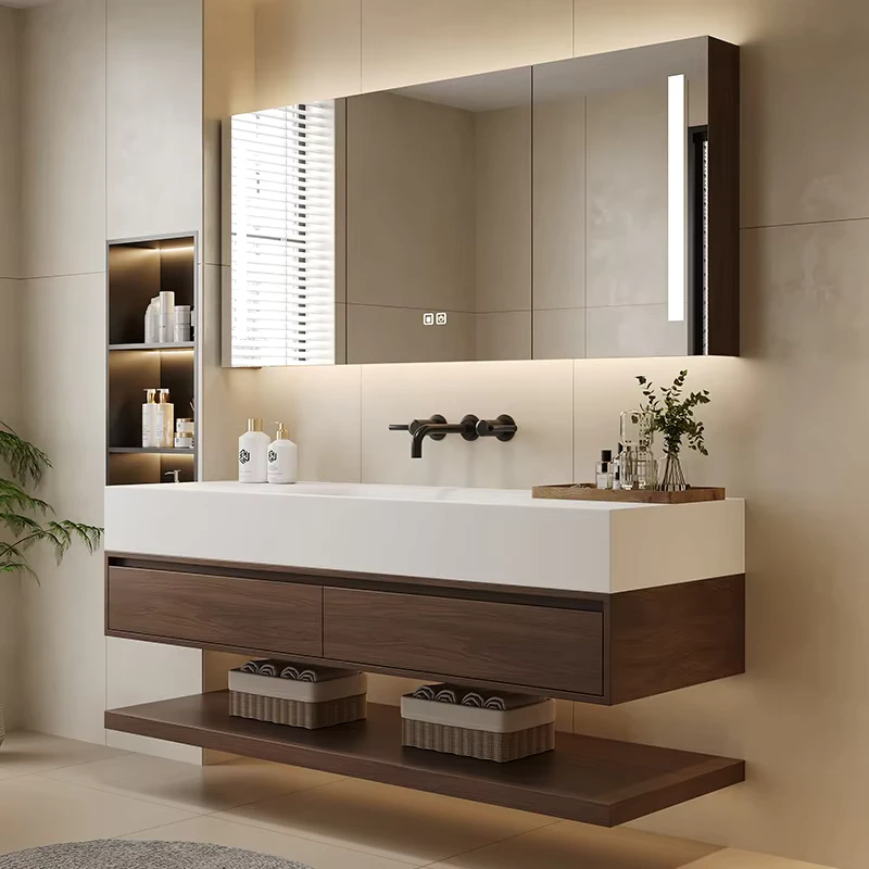 China Loong Customizable Modern Hotel Vanity Set Seamless Slate Washbasin LED Walnut Bathroom Furniture Plywood Case Ceramic for Apartment