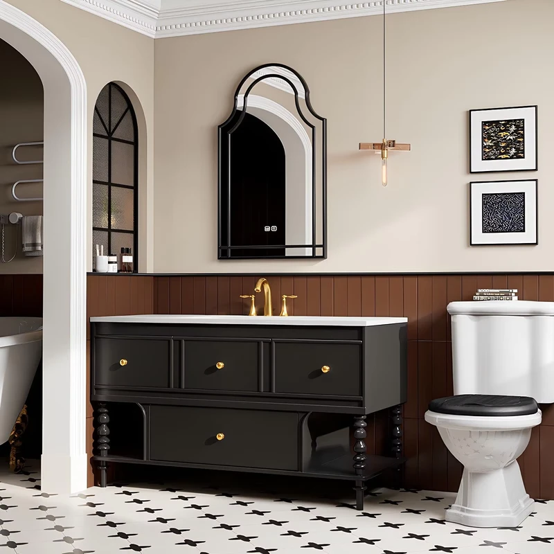 China Loong French style Vintage Oak Bathroom Cabinet Set Seamless Granite Washbasin Smart Mirror Eco Friendly for Apartment Warehouse