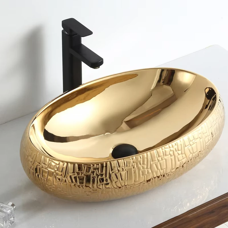 China Loong Golden Plated Countertop Washbasin Oval Vessel Sink Face Art Basin Modern Luxury Bathroom Sink Bowl Ceramic Gold Hand Wash Basin
