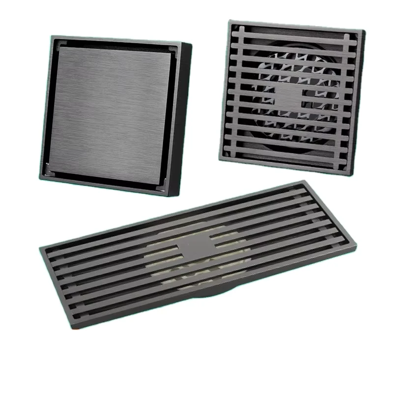 China Loong Gun Gray 304 Stainless Steel All Copper Invisible Bench Shower Metal Floor Drain Brushed Finish Deodorizing Bath Hardware Sets