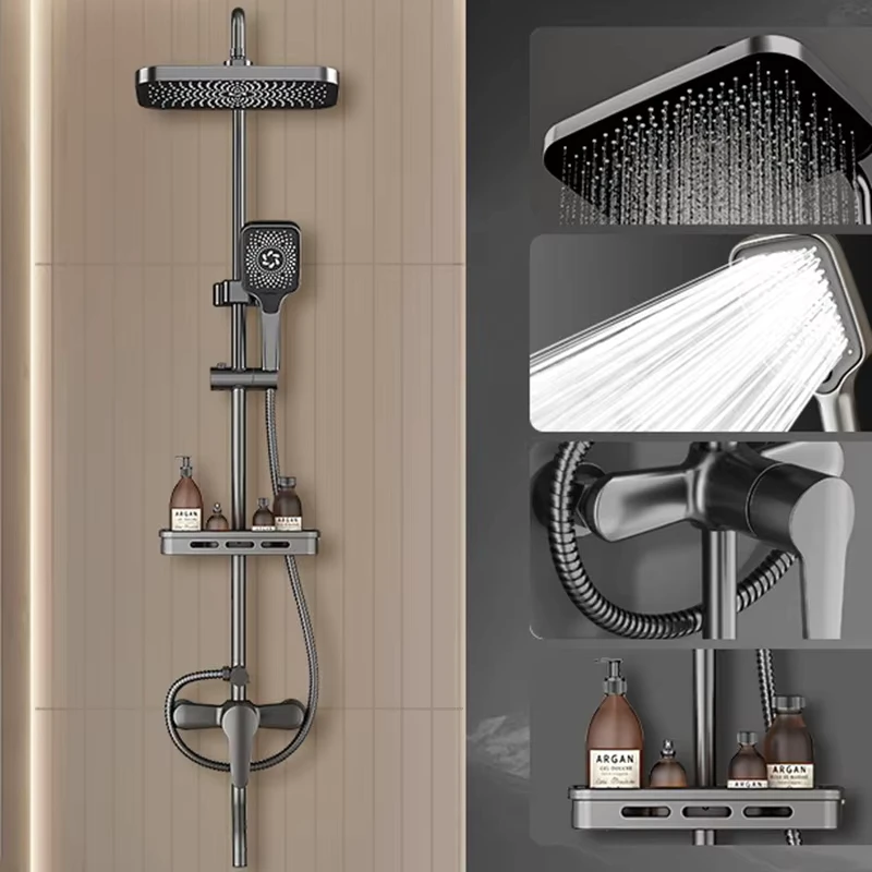 China Loong LED Light Gun Gray Ins Style Shower Set Stainless Steel Rainfall Bathroom Mixer Shower Set System