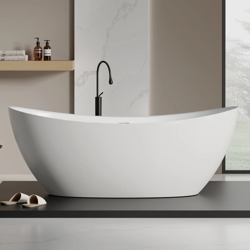 China Loong Luxury Hotel Project Sailboat Shaped Solid Surface Freestanding Bathtub 1700mm Matte White Deep Soaking Tub