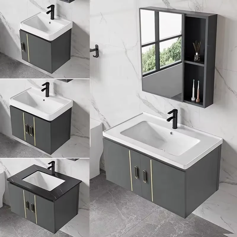 China Loong Manufacturer Direct Sale Modern Style Floating Vanity Washbasin PVC Bathroom Basin Cabinet in Grey Waterproof LED Mirror Hotels