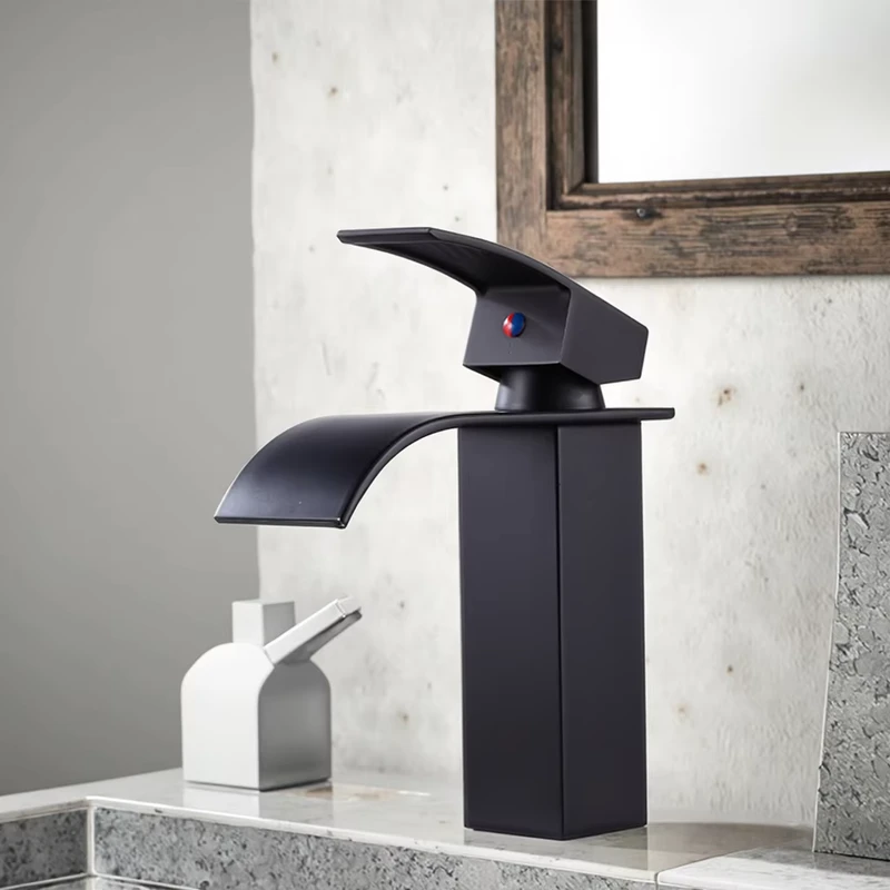 China Loong Matte Black Waterfall Bathroom Faucet Deck Mounted Single Hole Single Handle Hot Cold Mixer Tap with Ceramic Valve