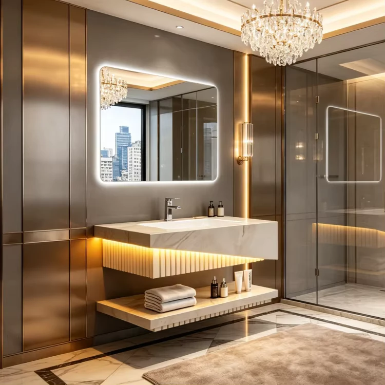 China Loong Minimalist Wall Hung Double-Layer Rock Slate Marble Bathroom Cabinet with Vanity Smart LED Mirror for Hotel Home Custom Order
