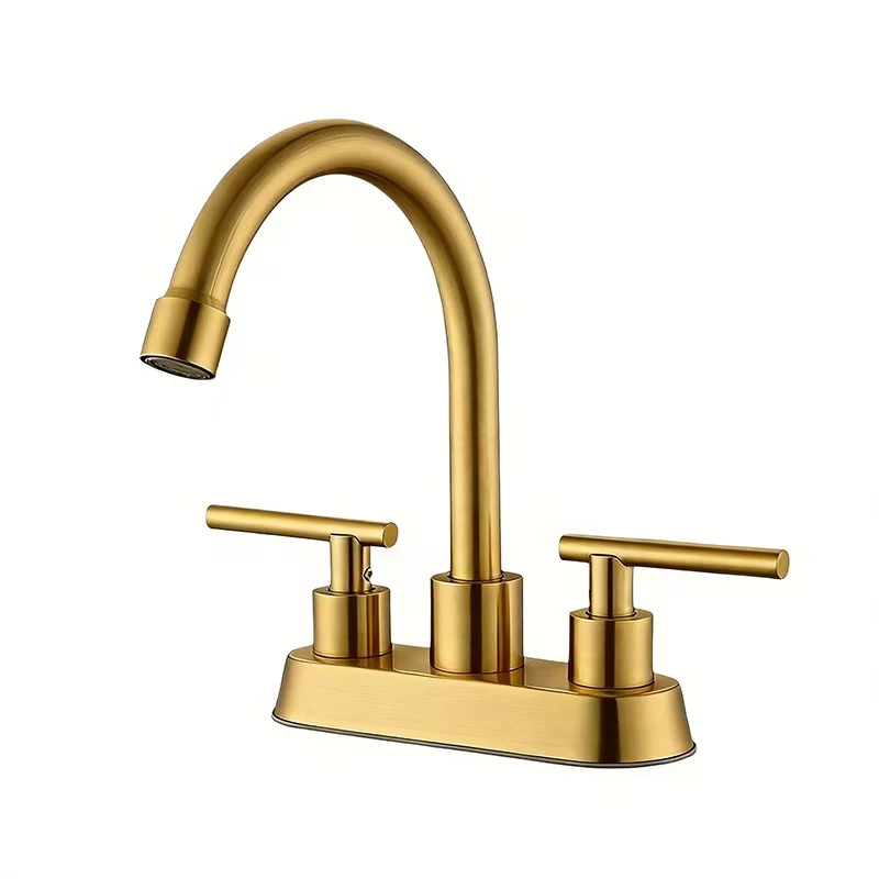 China Loong Modern Ceramic 4 Inch Centerset Bathroom Faucet Brushed Gold 2 Handle Gooseneck Stainless Steel Basin Sink OEM