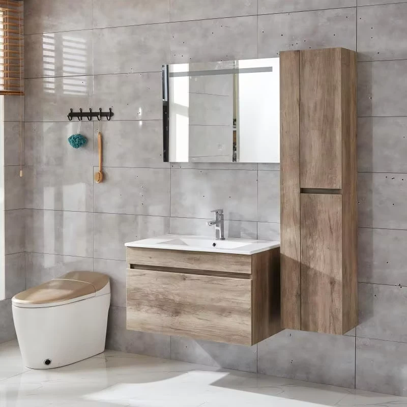 China Loong Modern Hotel Bathroom Vanity LED Mirror Storage PVC Wood Color Melamine Board Ceramic Basin