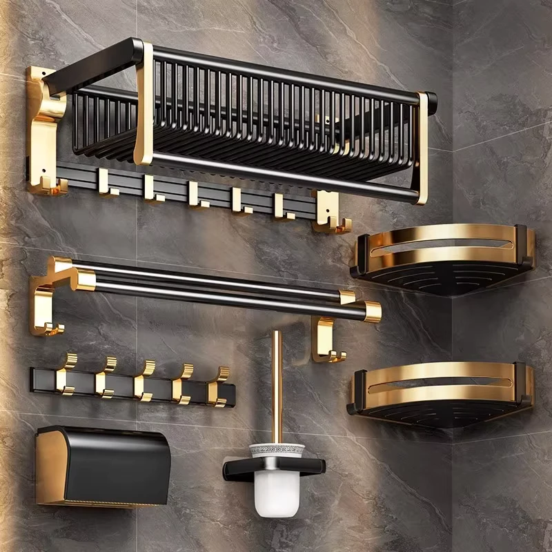 China Loong Modern Luxury Black Gold Thickened Toilet Bath Towel Rack Hole Free Bathroom Hardware Pendant Storage Bathroom Accessory Set