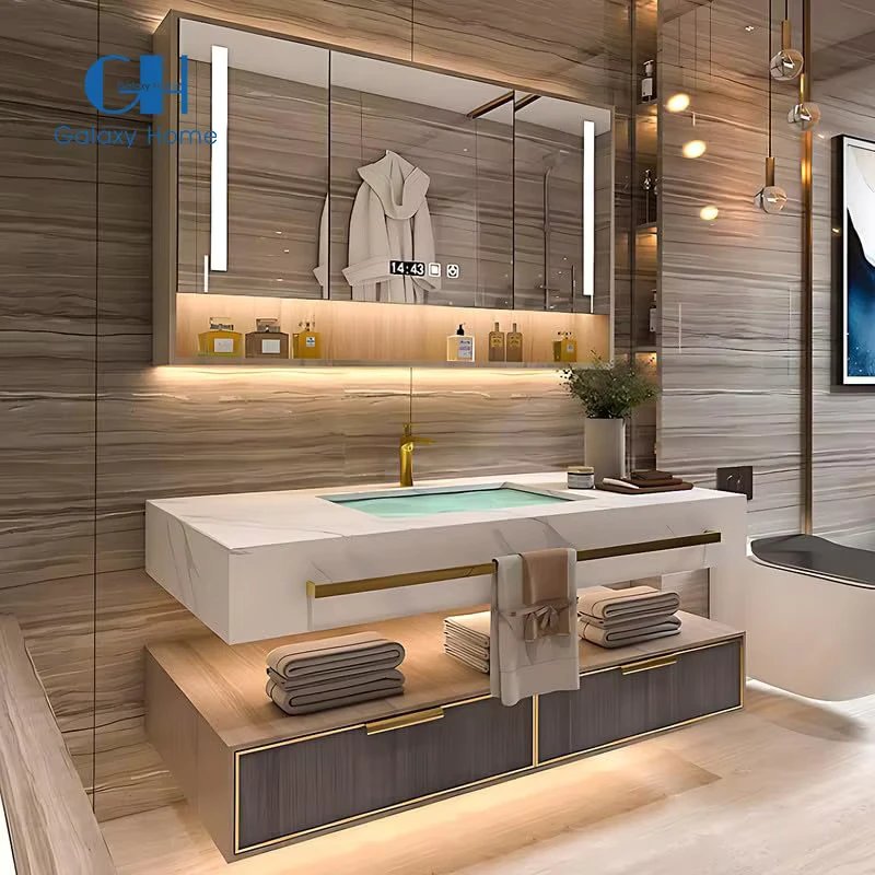 China Loong Modern Luxury European Floating Bathroom Vanity Set With LED Mirror & Ceramic Basin For Apartments