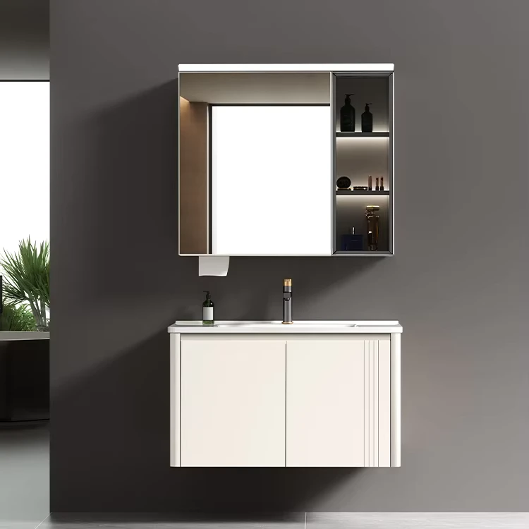 China Loong Modern Luxury Hotel Waterproof Wall mounted Seamless Ceramic Sink Cabinet Bathroom Vanity Set with LED Mirror Cabinet