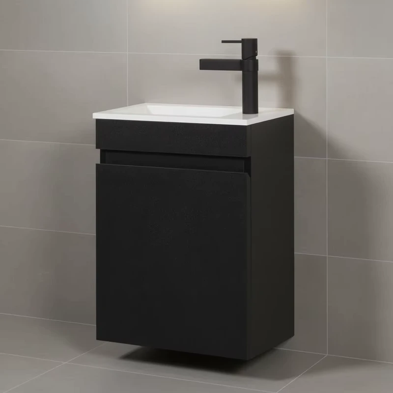 China Loong Modern Matte Black 400mm Water Resistant LED Stone Basin Soft Closing Small Bathroom Vanity Wall Hung Mini Cloakroom Sink