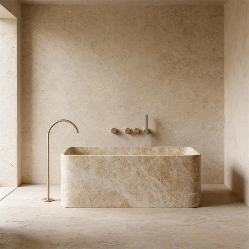 China Loong Modern Minimalist Travertine Freestanding Bathtub Rectangle Soaking With Drainer Retro Natural Style For Bathroom