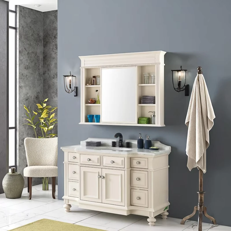 China Loong Modern Style Solid Wood Lacquered Finish Bathroom Vanity Cabinet Floor Standing Water Resistant Ceramic Basin Hotel Apartment