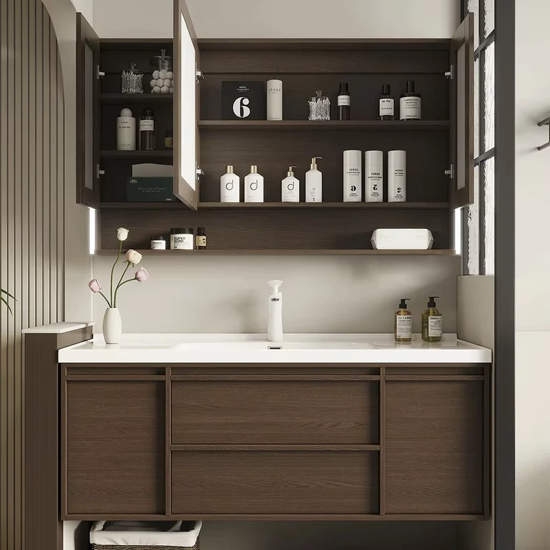 China Loong Modern Walnut Bathroom Vanity with Skeleton Frame Mirror Cabinet and Open Shelves Wall Mounted Bathroom Storage Cabinet