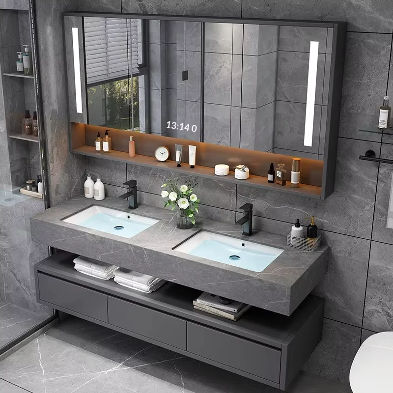 China Loong Rock Board Washbasin Countertop Bathroom Cabinet Bathroom Smart Mirror Cabinet Hand Washing Washbasin Cabinet Combination Oem