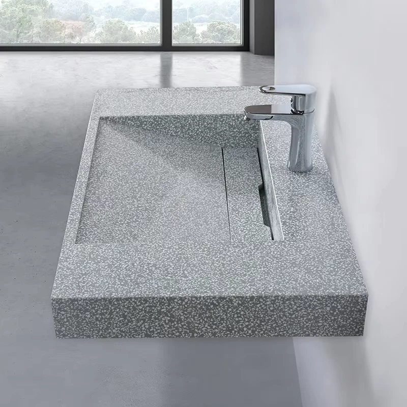China Loong Solid Surface Rectangular Wall Hung Basin Wall Mounted Bathroom Sink Grey Terrazzo Look Solid Modern Grinding Drainer 9L