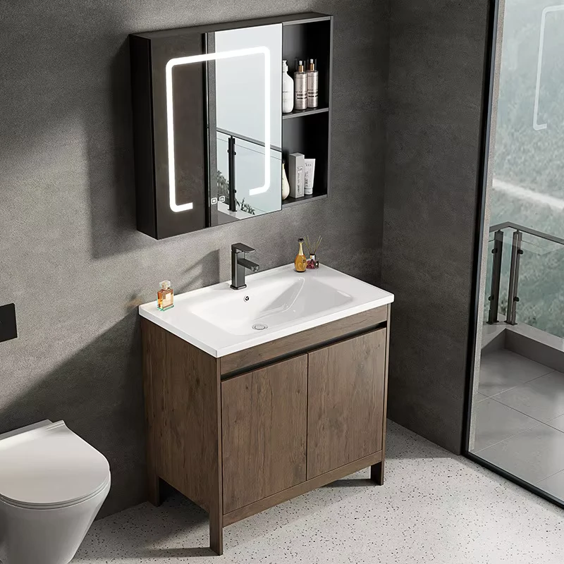China Loong Space Aluminum Floor standing Ceramic Integrated Washbasin Cabinet Set Bathroom Sink Washbasin Integrated Bathroom Vanities